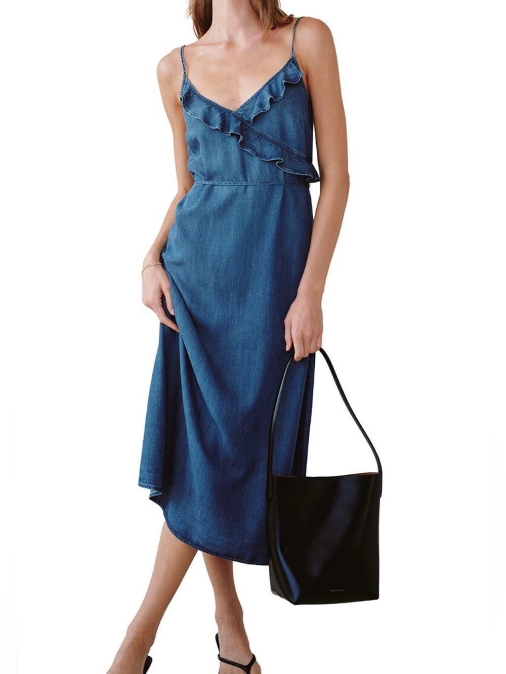 Bella Dahl Ruffle Cami Midi Dress Blue Chambray Tencel Large